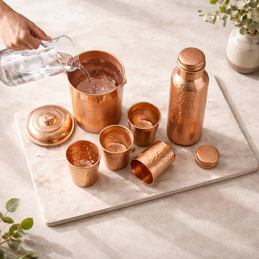 Pure Copper Drinkware Set – Jug, Bottle & 4 Glasses