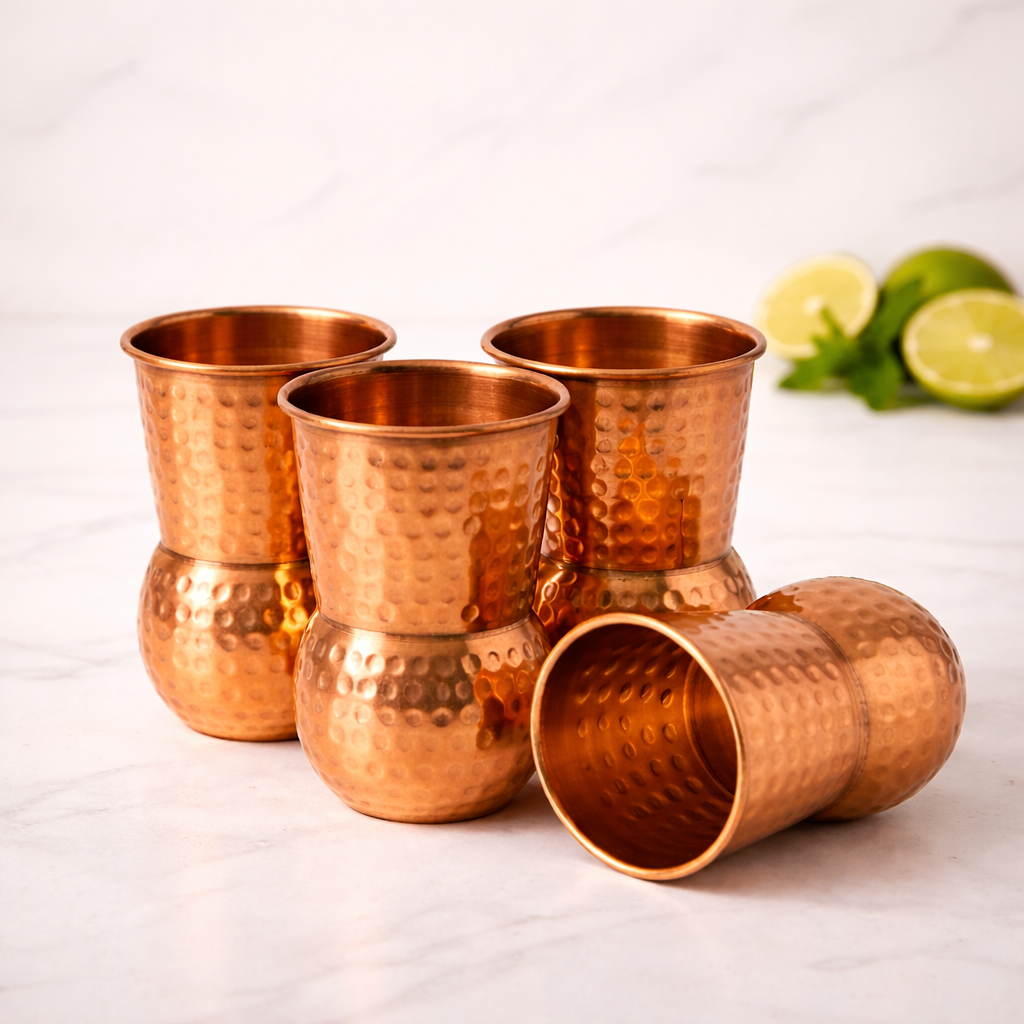 Elegant Round Bottom Hammered Copper Glass - Set of 4