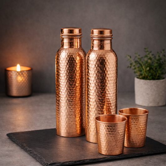 Exclusive Hammered Copper Gift Set – 2 Bottles & 2 Glasses