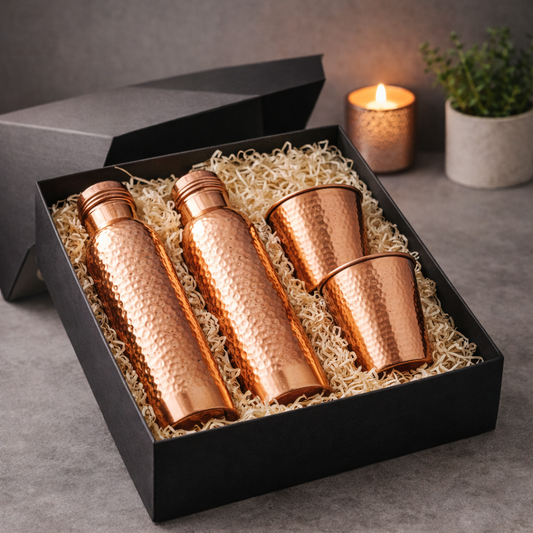 Exclusive Hammered Copper Gift Set – 2 Bottles & 2 Glasses