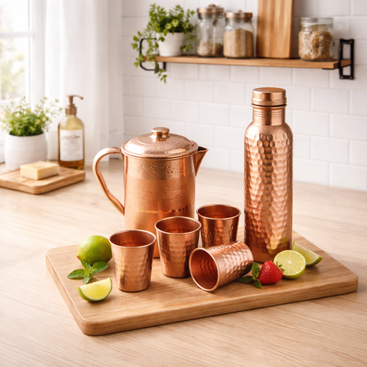 Pure Copper Drinkware Set – Jug, Bottle & 4 Glasses
