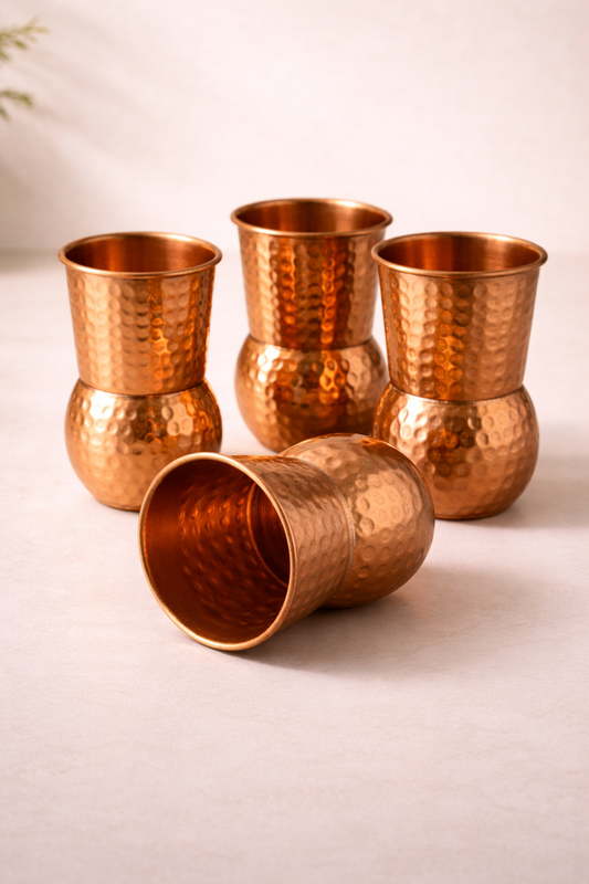 Elegant Round Bottom Hammered Copper Glass - Set of 4