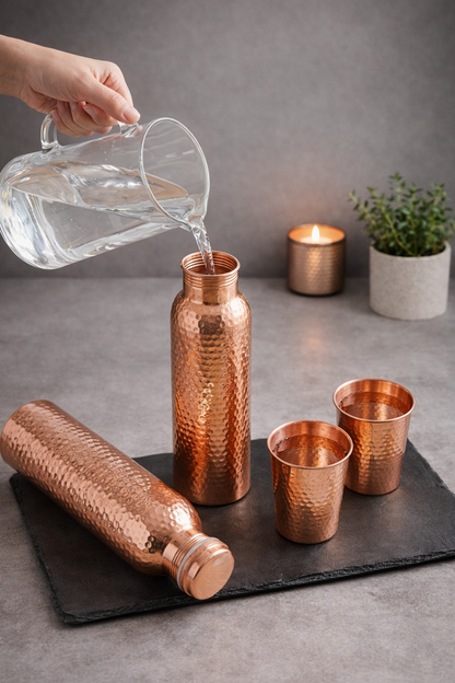 Exclusive Hammered Copper Gift Set – 2 Bottles & 2 Glasses